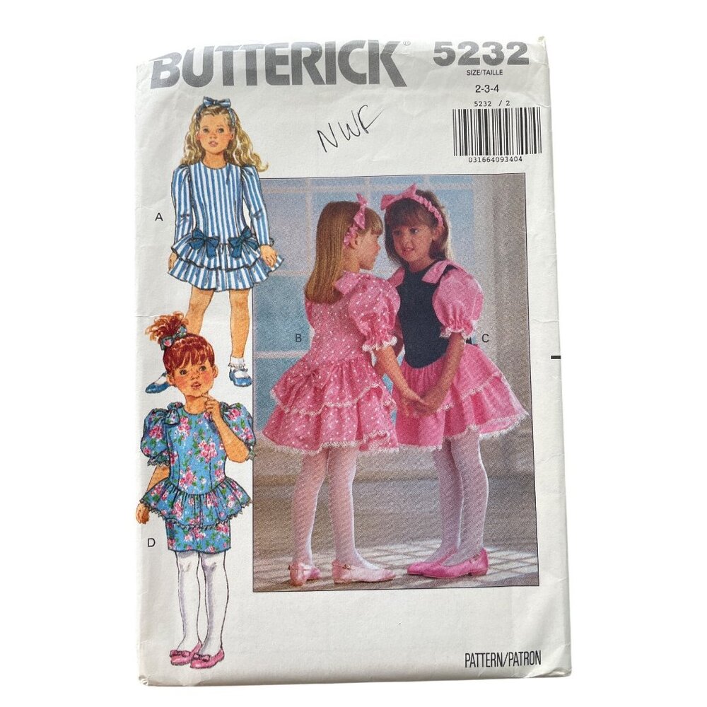 90s Butterick 5232 Sewing Pattern Sizes 2-3-4 Childrens Dress & Headband UNCUT